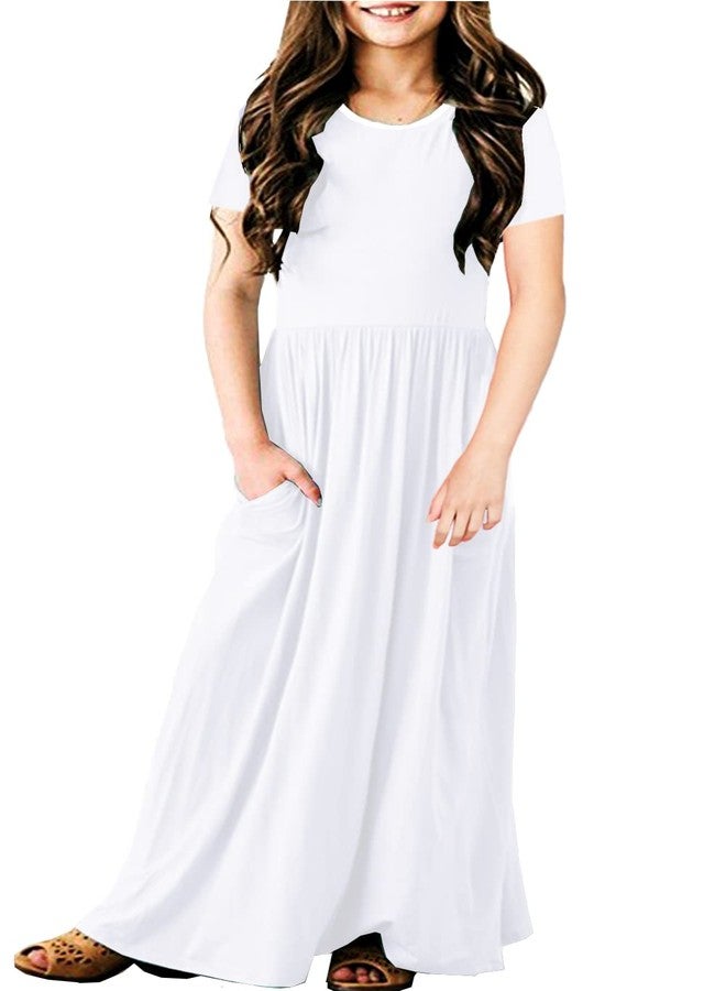 Deerose Girl's White Maxi Dresses Plain Solid Color Swing Pleated Spring Dress 9-10 Years - Image 1